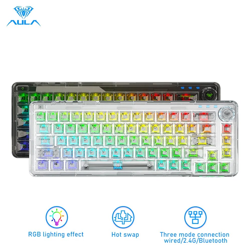 AULA F68 Bluetooth Mechanical Keyboard - 68 Keys with Hotswap and Transparent Keycaps. 