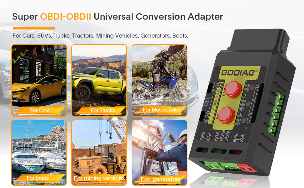GODIAG GT108 C Configuration OBDI-OBDII Universal Conversion Adapter For Cars, SUVs, Trucks, Tractors, Mining Vehicles, Generators, Boats, Motorcycles. 