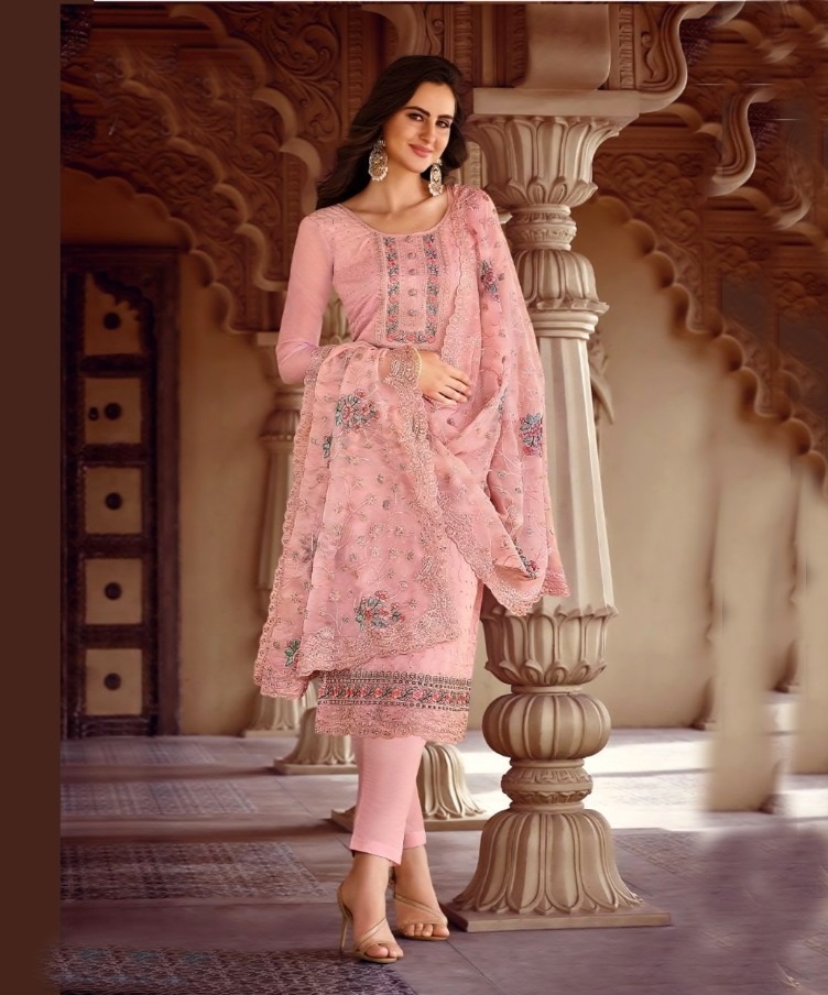 Women's Soft Weightless Georgette Pakistani Design Gorgeous Heavy Embroidery Work Semi-Stitched Pink Color Indian Version Salwar Kameez For Party Wear. 