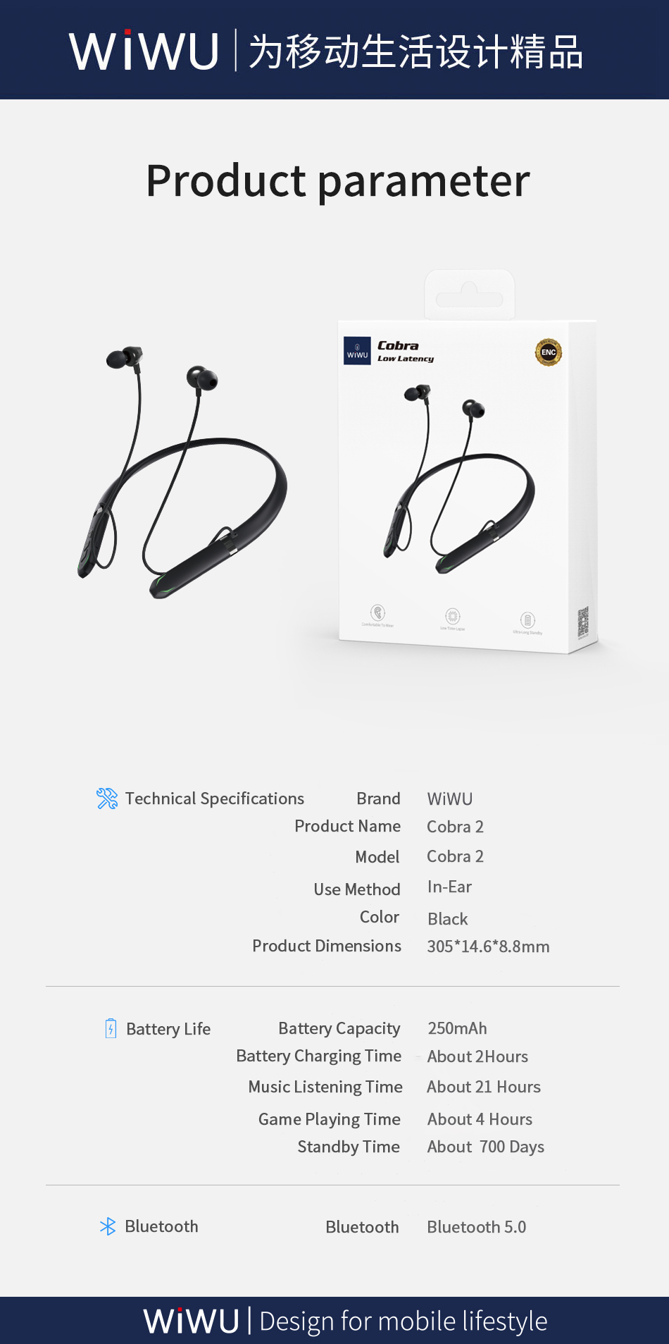 WiWU Cobra 2 Wireless Headphone Bluetooth Headsets. 