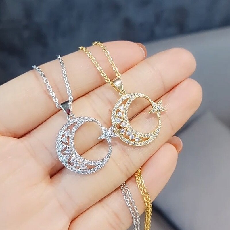 【VisioN Shop】trendy Zirconia star Moon pendant Necklace luxury hollow Choker Necklace Korean Jewelry X-l0122. 