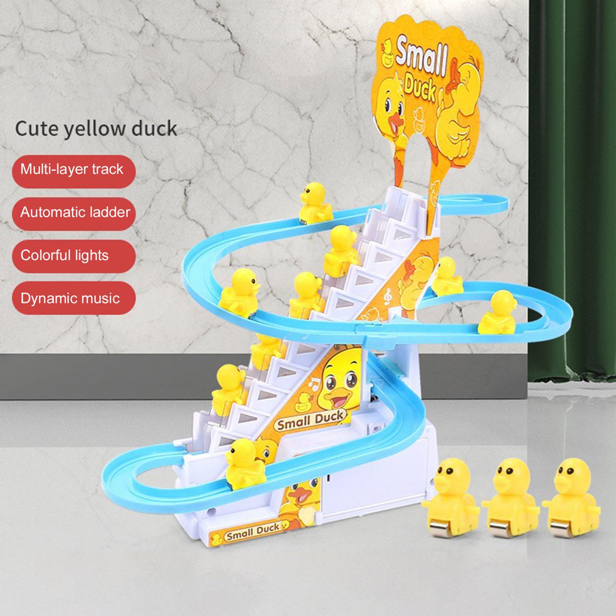 NEXTAKE Duck Slide Toy Set, Funny Automatic Stair-Climbing Ducklings Cartoon Race Track Set Little Lovely Penguins Slide Toy Escalator Toy with Lights and Music