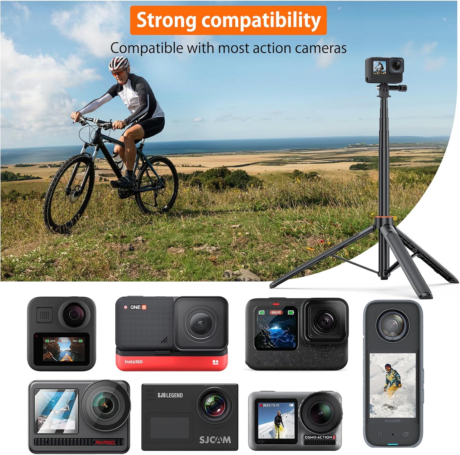 VRIG TP-21 Extendable Selfie Stick Tripod for GoPro Max Hero 10 9 8 7 6 5 4, DJI Osmo Action, Insta 360 One R and More Action Camera（55.1''）. 