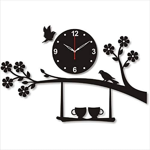 wooden Tree Bird and Hanging Design with Cup of Tea Wall Clock for Home Bedroom Kitchen and Office (Black) ( size -66/43 cm ) by Doob Cart