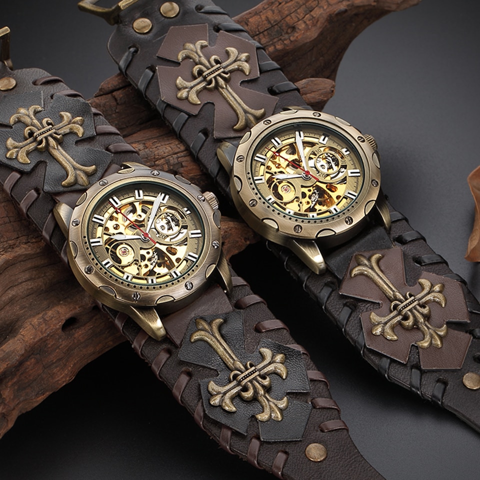 SHENHUA Retro Gothic Bronze Skeleton Automatic Mechanical Watch Men Steampunk Self Winding Clock Tourbillon Watch Reloj Hombre. 