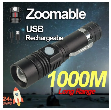 Torch light for Long Shot Zoomable Powerful usb rechargeable Waterproof led  flashlight torch T6 LED hand lamp 18650 Battery | Daraz.com.bd