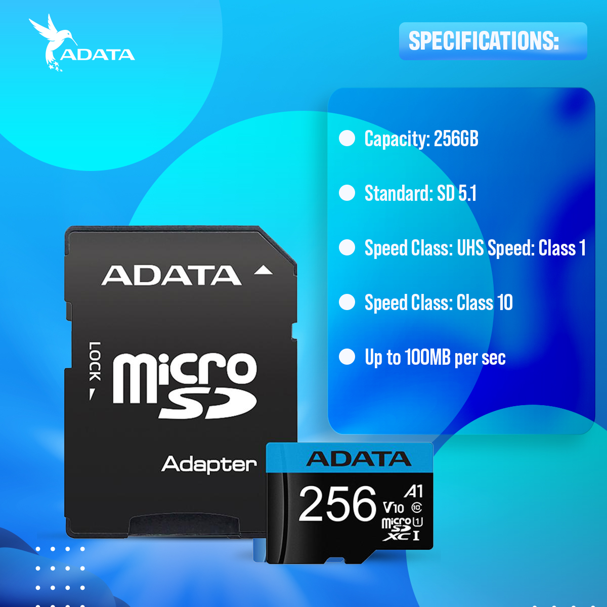 ADATA Premier 256GB microSDXC UHS-I Class10 Memory Card with Data Transfer up to 100MB/s, Class 10 and V10 - Supports Full HD Video and Compatibility Across Multiple Devices. 