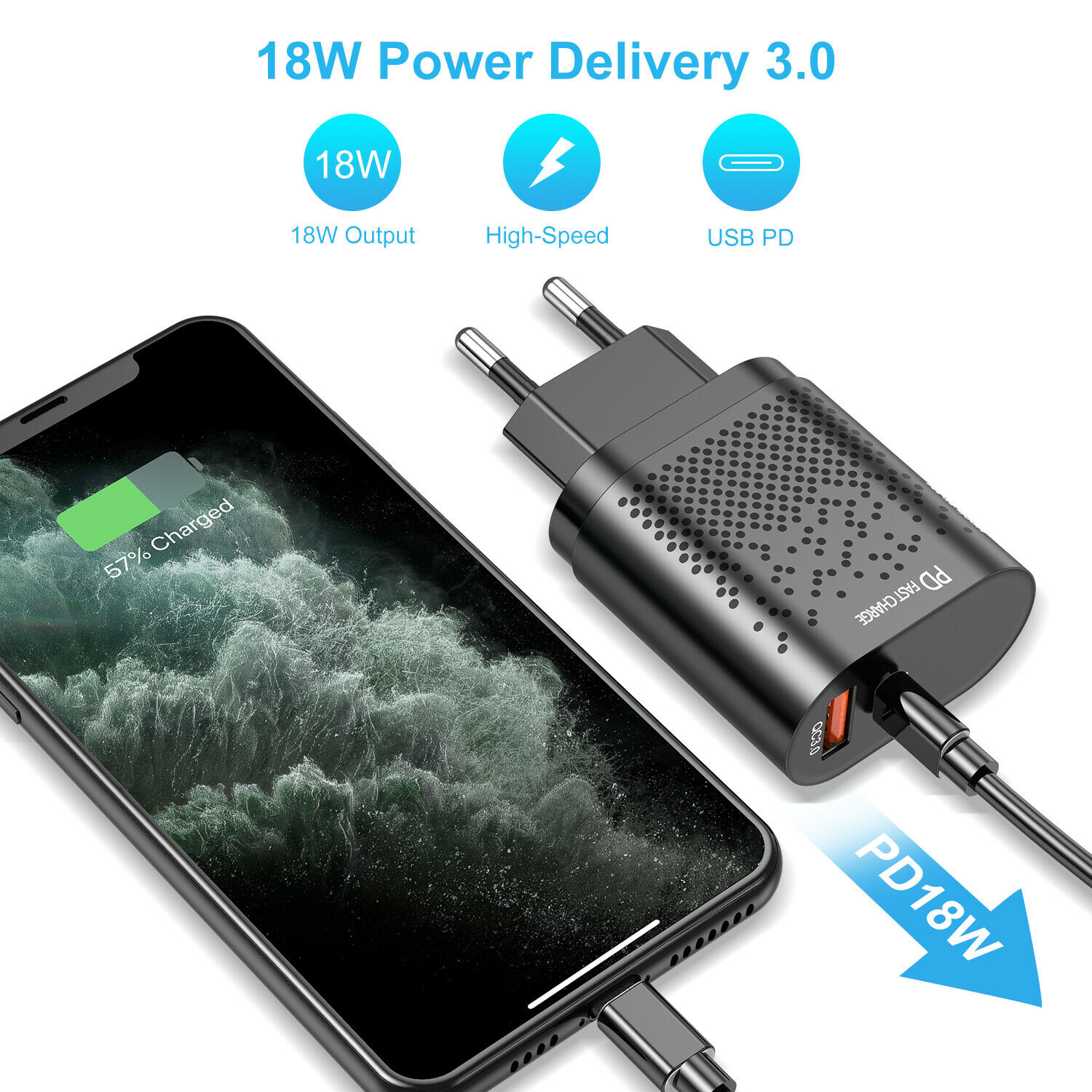 18W PD Fast Charger USB C Quick Charging QC 3.0 Phone Adapter US EU Plug Type-C for Android. 
