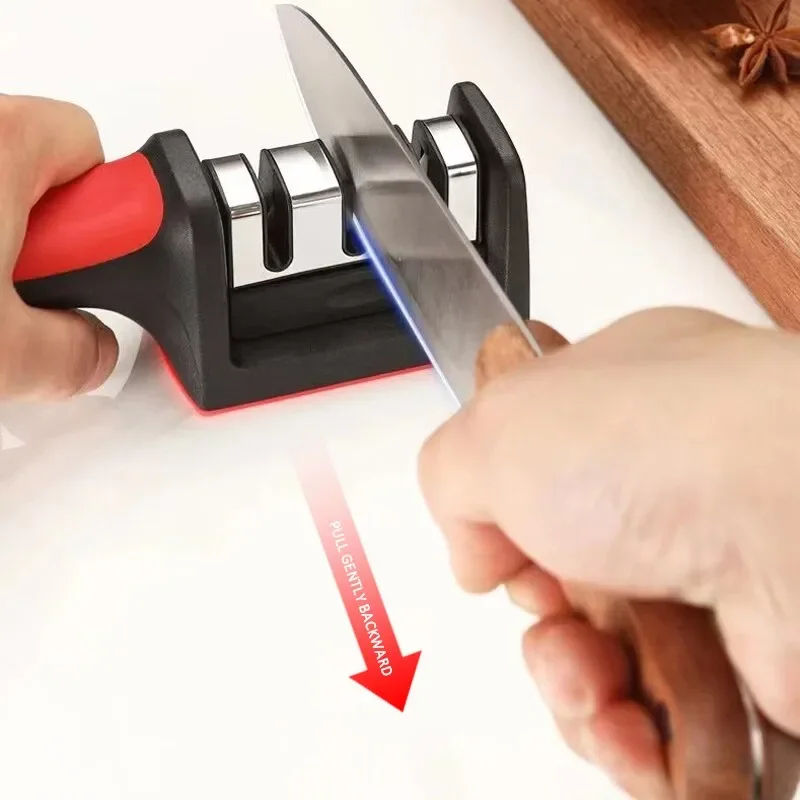 Kitchen 3-Segment Knife Sharpener Household Multi-Functional Hand-Held 3-Purpose Black Sharpening Stone. 