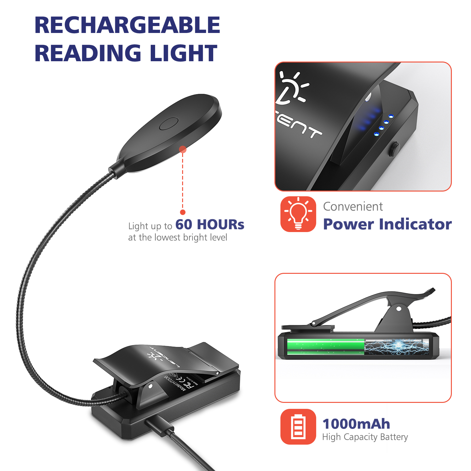 LENCENT Reading Light Amber Light Book Lamp with Blue Light Blocking Eye Care with Better Clip for Sleeping with Night Light USB Rechargeable for Electronic Reader Children Reading in Bed. 