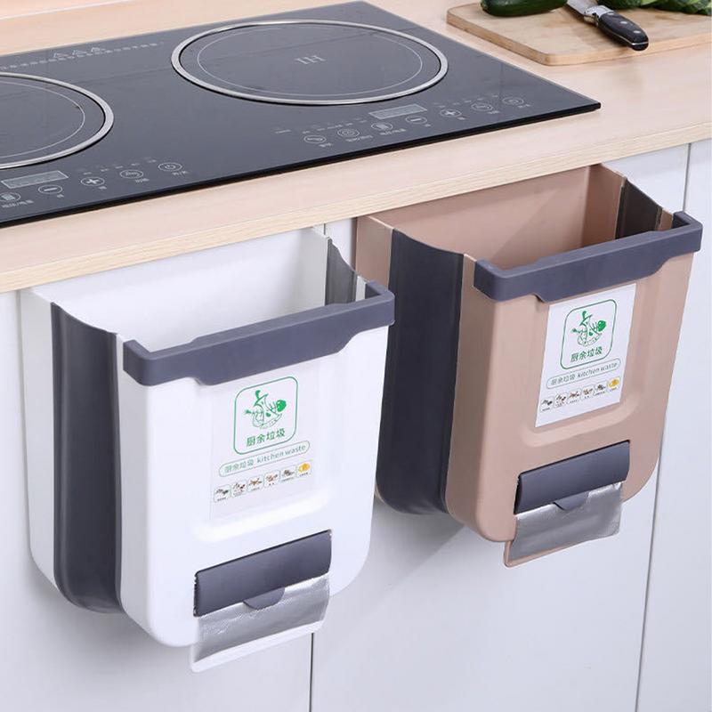 Collapsible Trash Folding Tras Can Small Hanging Kitchen Pressing Type Multipurpose Portable Kitchen Waste Bin With Garbage Bag. 