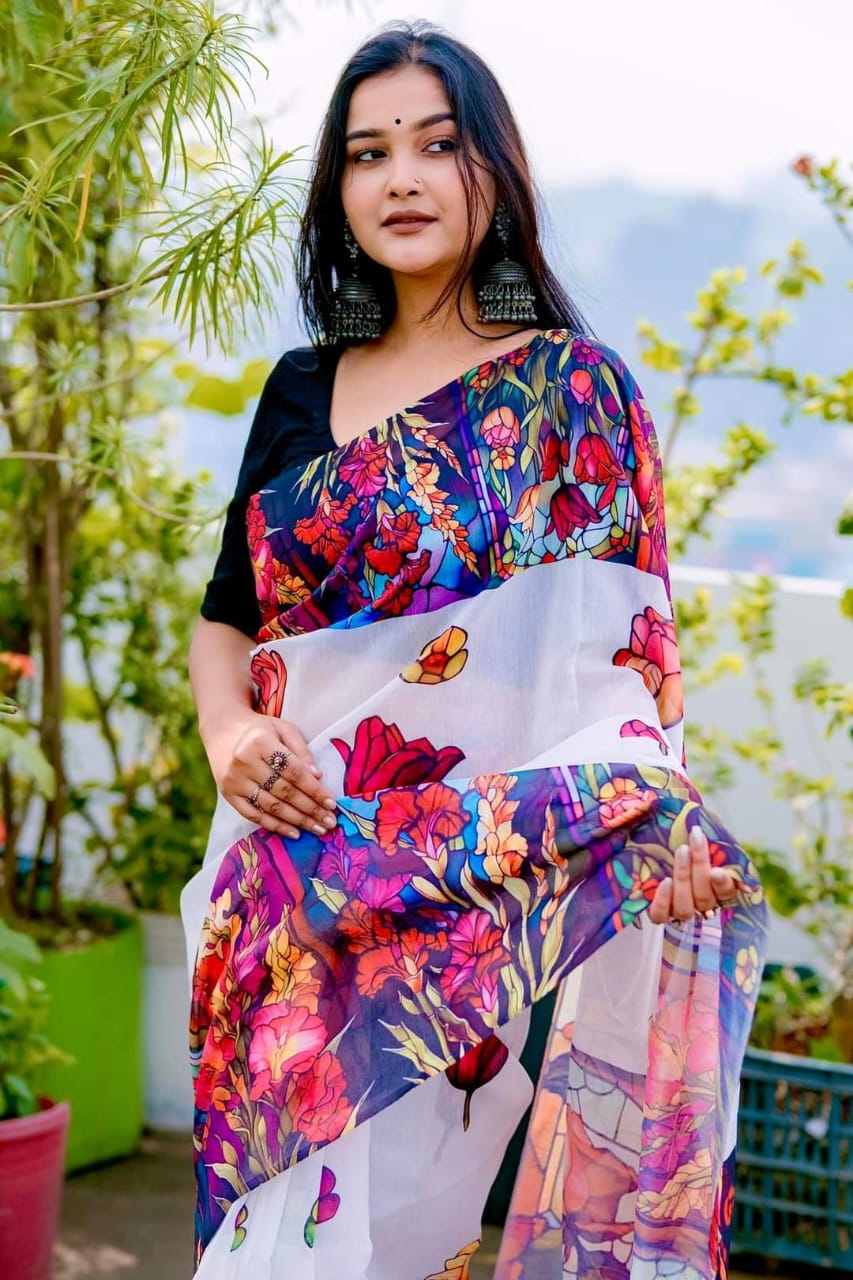 Chanderi Silk Digital Print Saree For Women - Multicolor - SB-N49