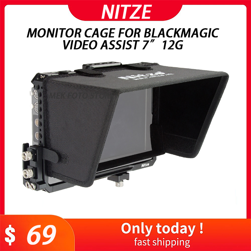 Nitze Monitor Cage for Blackmagic Video Assist 7” 12G HDR with Sunhood, HDMI-Compatibled and USB-C Cable Clamps - JT-B02B