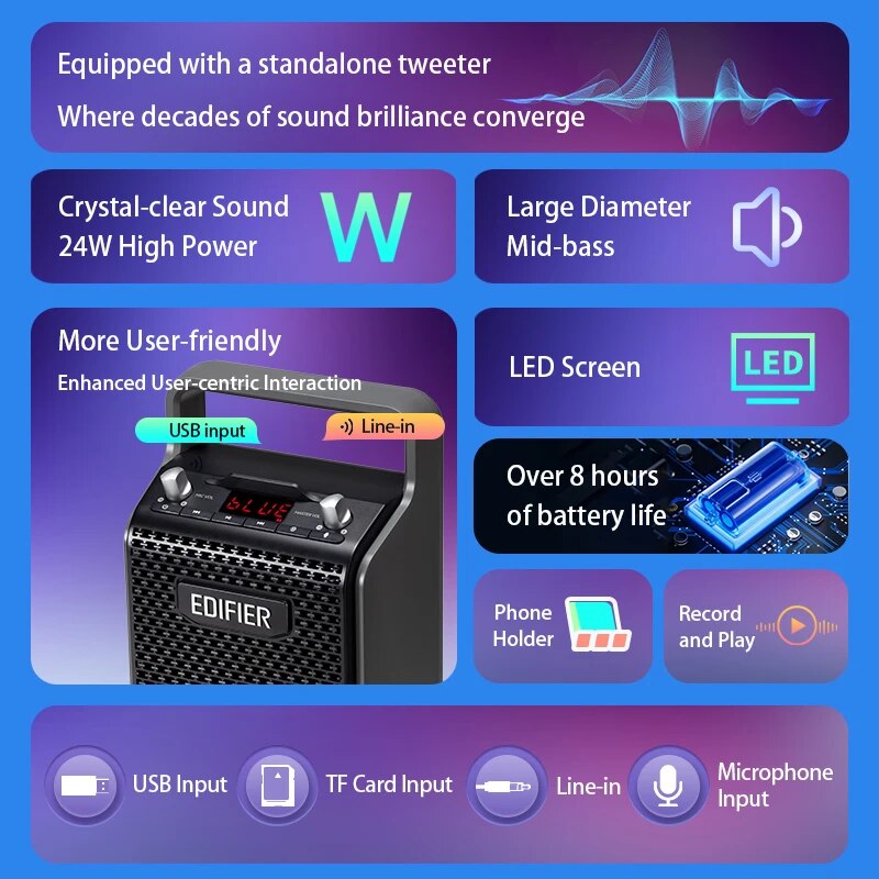 Edifier PP205 Outdoor Portable Bluetooth Speaker Line In USB TF Card Inputs 8 Hours Playback Support Wird Mic Karaoke Speaker. 