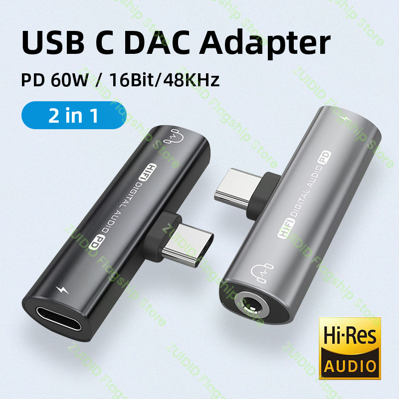2in1 USB Type-C to USB C/3.5mm DAC Earphone Adapter PD60W Fast Charge Headphone Audio Aux Converter 16bit/48kHz Digital Decoder