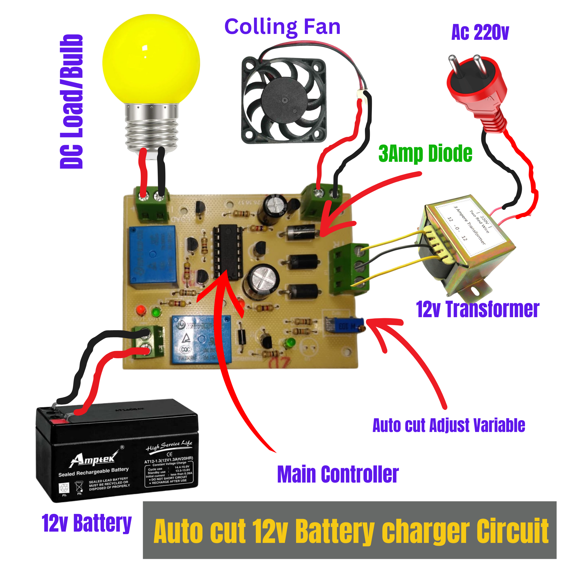 12V Battery Charger with Auto Cut Off | Autocut Circuit for 12V DC Batteries | Auto Cut Circuit 12V Charger with 3 Amp Diode  | Autocut Charging Circuit 12 Volt | High-Quality Auto Charger |Full Auto Cut Circuit for 12V Battery Charger