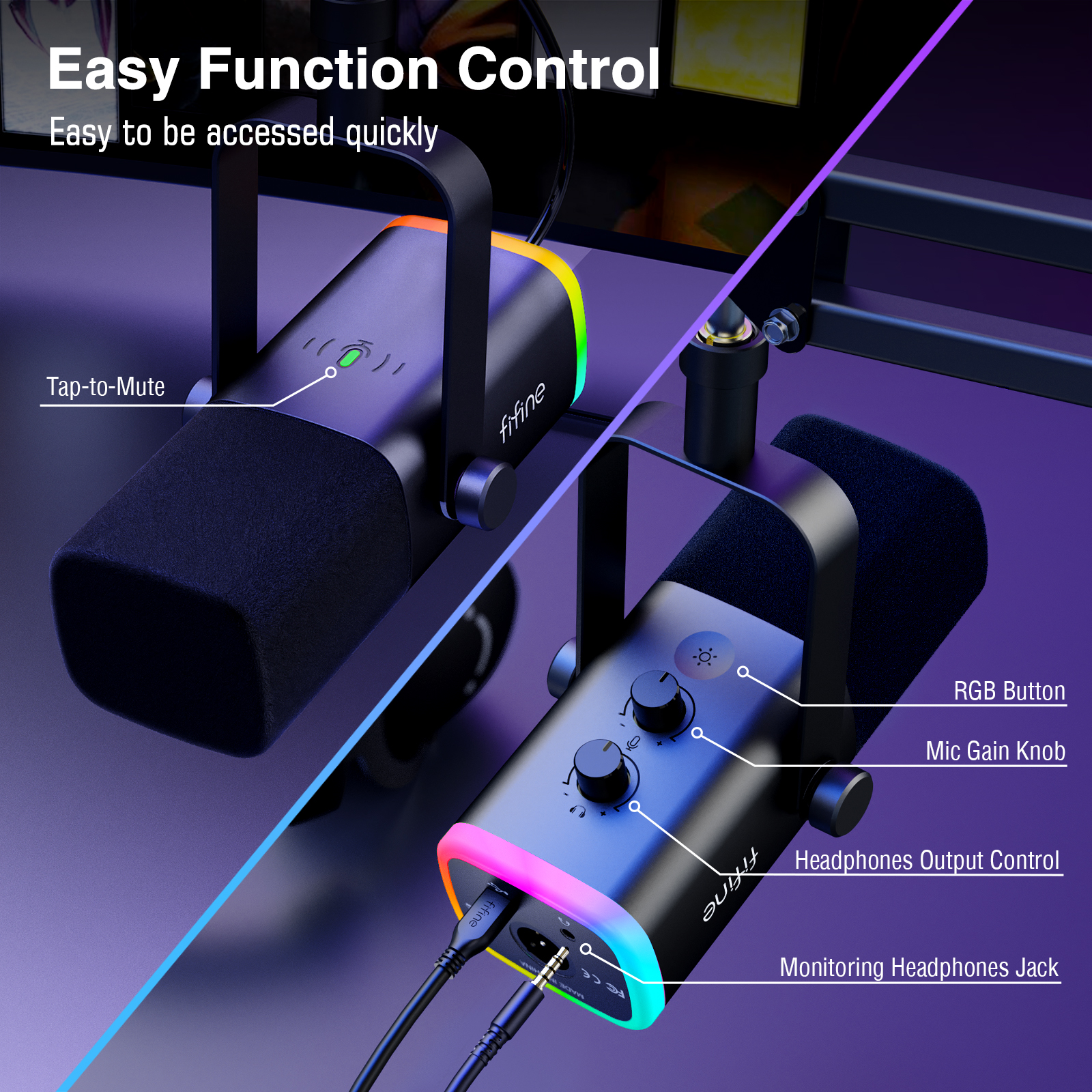 FIFINE XLR/USB Gaming Microphone Kit with Headphone Jack/Mute/RGB /Arm Stand,Dynamic Mic Set for PC PS5/4 Mixer AmpliGame AM8T. 