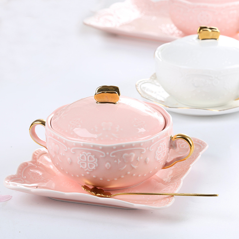 Ceramic Cubilose Bowl Dessert Bowl Double Ears with Lid Slow Cooker Tremella, a Kind of Semi-Transparent White Fungus Soup Bowl Exquisite Tureen European Porringer Tableware Zeng Wan. 