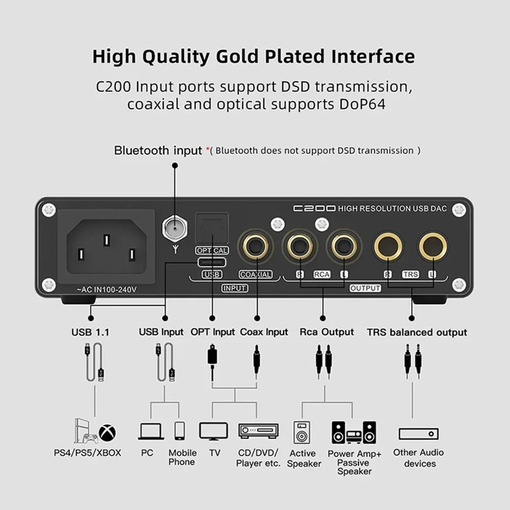 SMSL C200 Bluetooth 5.1 HiFi Headphone USB DAC Amp ES9038Q2M OPA1612A*4 TRS Balanced 4.4mm 6.35mm Output Decoder for airpods. 