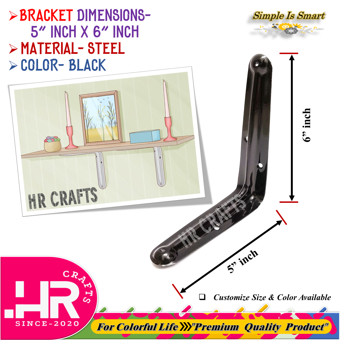 Premium Wall Mounted L Shaped Angle Bracket (Size-5"x6")- Decorative Shelf Bracket- Wall Bracket- Bracket- L Bracket- Angle Bracket- Support Bracket- Floating Bracket- Heavy-Duty Bracket- Corner Bracket- Industrial Bracket- Color White Black & Gray. 