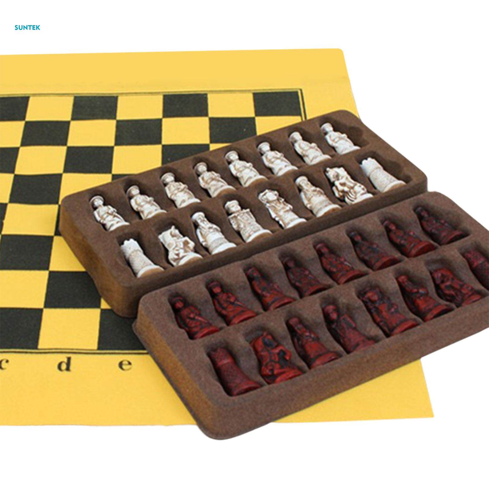 Chess Set Folding Roll up Chess Board Carving Resin Chessman Classic Figures Chess for Gift Camping. 