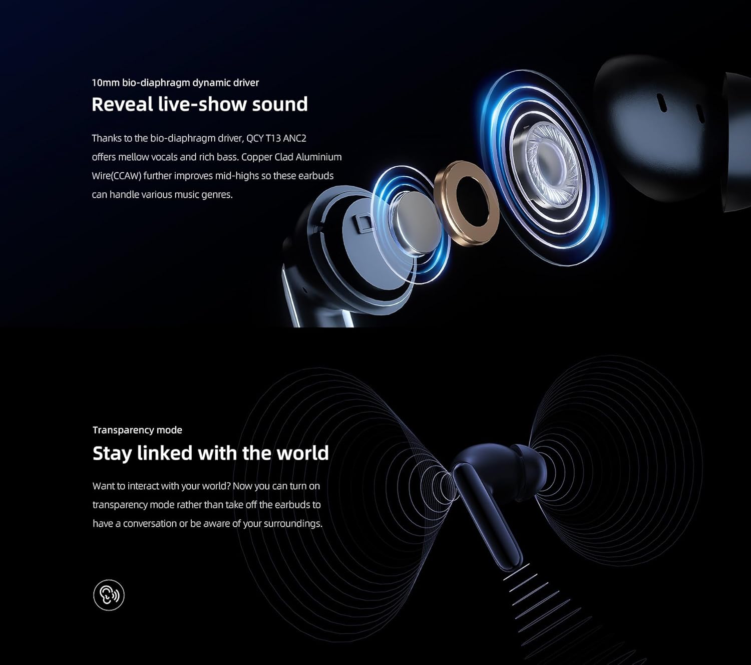 QCY T13 ANC 2 TWS Earphones 2nd Generation 4 Mic 28dB ANC Up to 30 hours Playtime with ANC off BT 5.3 68ms Gaming Mode IPX5 Waterproof 10mm Dynamic Driver Wireless Bluetooth Earbuds. 