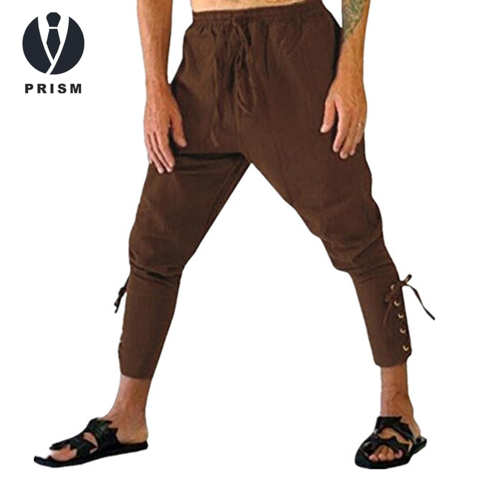 Prism Men Solid Color Leggings Men's Medieval Viking Pirate Ankle-banded Lace-up Pants Elastic Waist Cosplay Costume Trousers Men Casual Pants. 