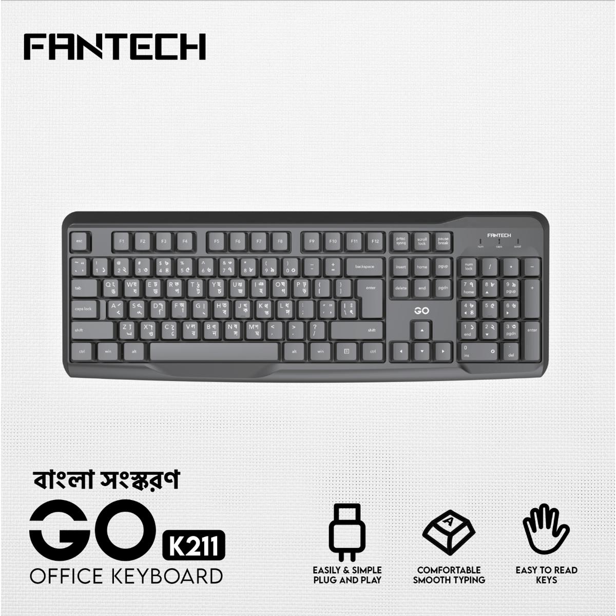 FANTECH GO K211 Smooth Typing Keyboard 104 Keys Spill Resistant Keyboard English And Bangla USB Wired Easy To Read Keys Computer Keyboard Ergonomics Keyboard For Office PC