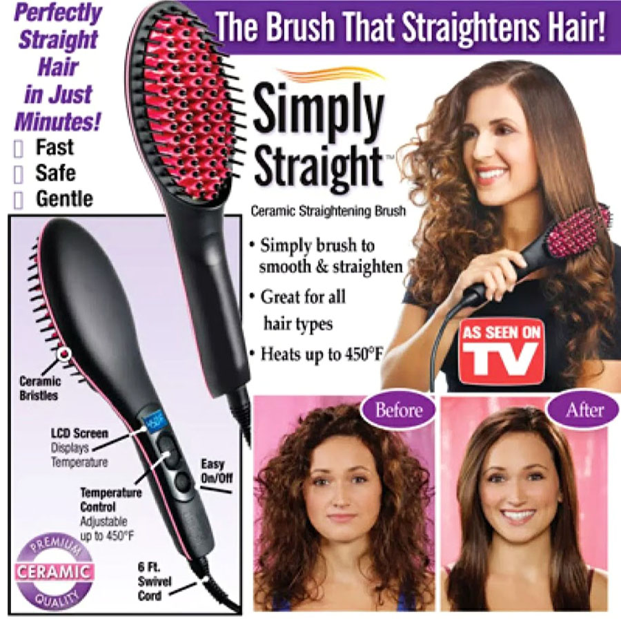 Simply Straight Ceramic Hair Straightening Brush-Black/Pink. 