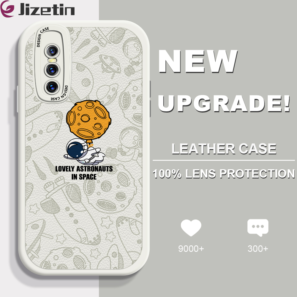 Jizetin for Vivo V15 Pro Back Cover Lovely Astronaut Lambskin Texture PU Leather Back For Girls Boys Soft Phone Case