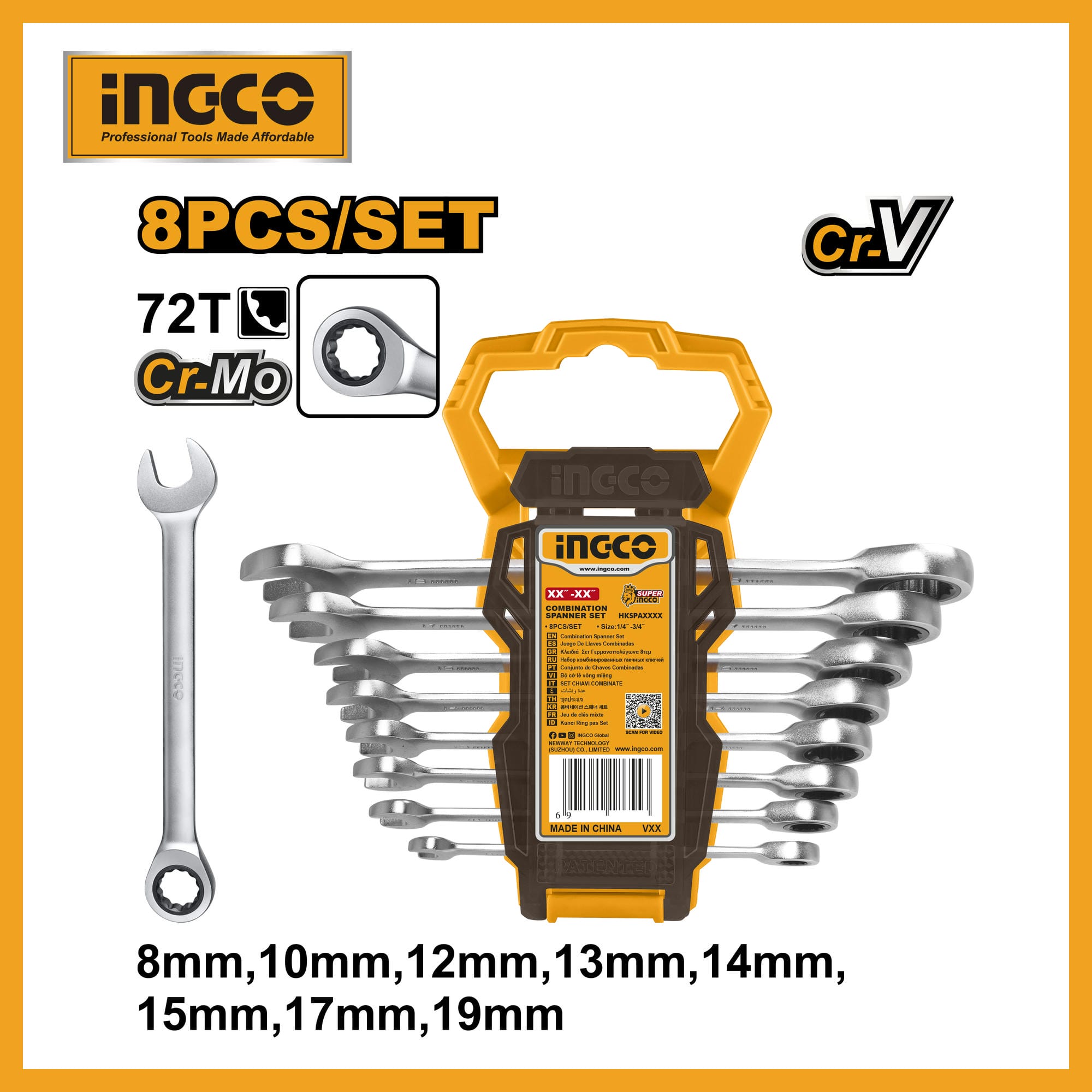 INGCO 8pcs CR-V Ratchet Spanner Set(8-19mm) HKSPAR1082