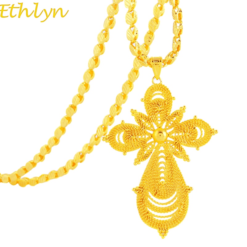 【VisioN Shop】Ethiopian Gold Color Big Pendant Necklaces Women/Men Eritrea Items P96. 
