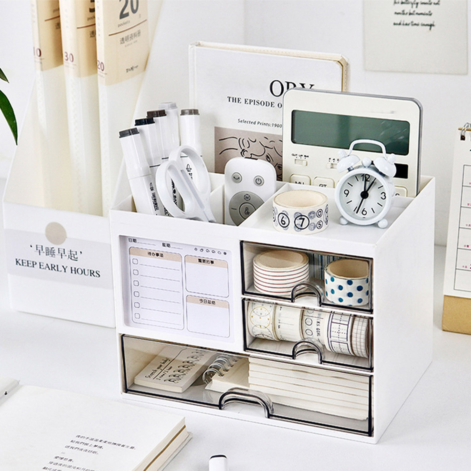Multifunctional Desk Organizer Large Capacity Desk Organizer with Drawer Pen Holder Multi-compartment Storage Case for Office Supplies. 