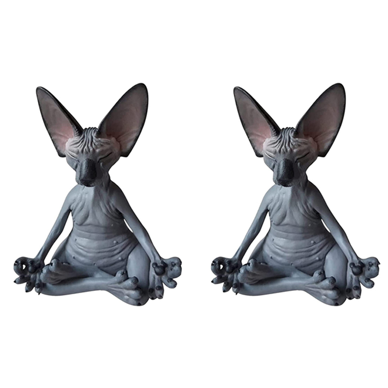 2X Sphynx Cat Meditate,Thinking Cat Statue,Meditating Thinking Cat,Sphynx Hairless Cat Meditation Collectible Decor