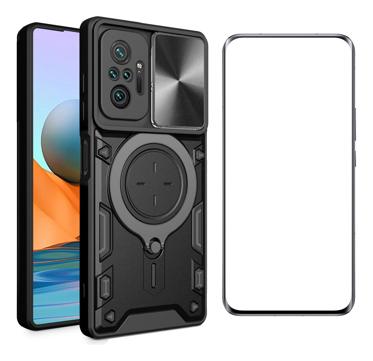 For Xiaomi Poco M5S Case Foldable 360 Degree Rotating Bracket Vehicle Mounted Sliding Hard Shockproof Rear Shell + Tempered Glass Screen Protector for Xiaomi Poco M5S Back Cover. 