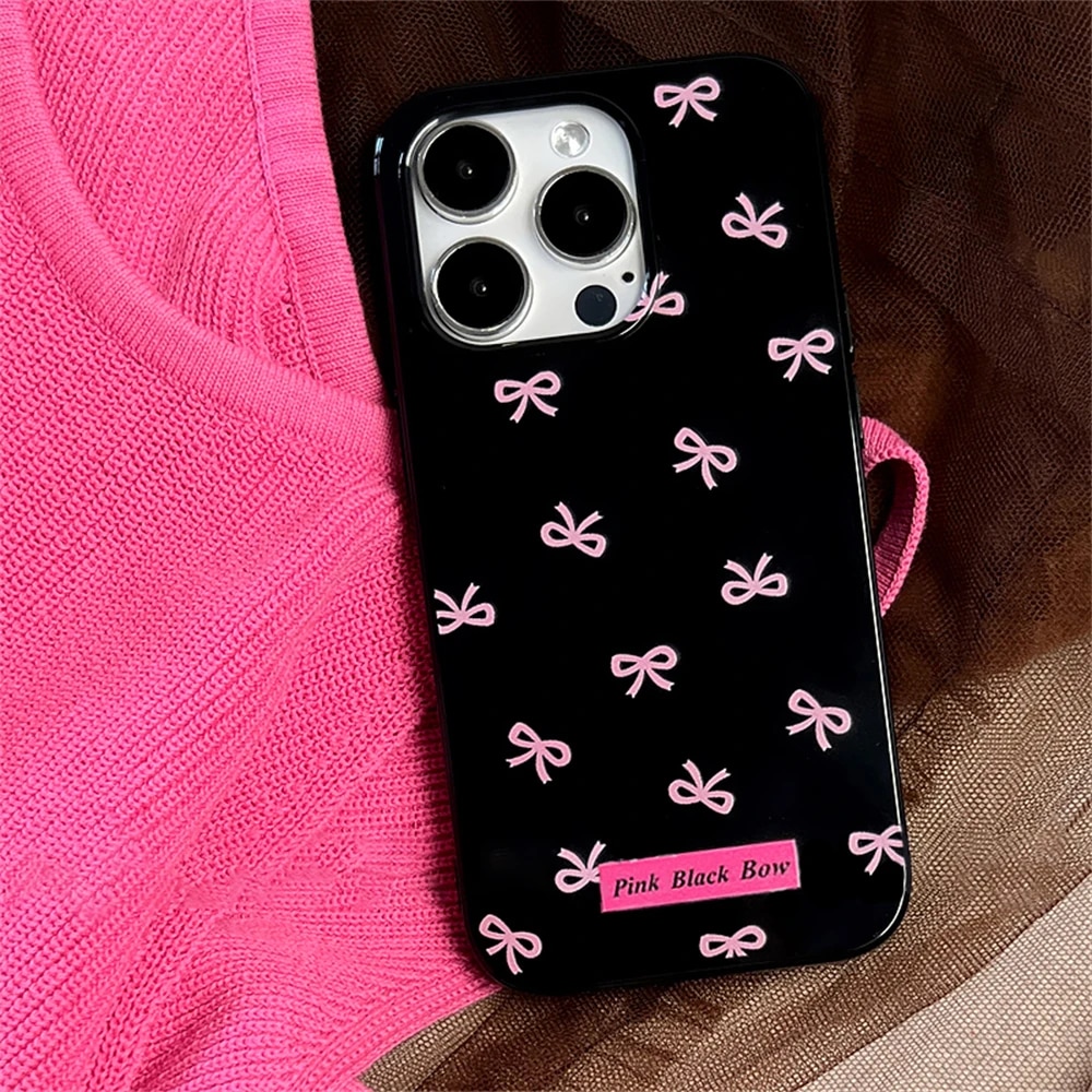 Korean Cute Hot Pink Bow Soft Silicone Case For iPhone 15 14 13 12 11 Pro Max X XR 7 8 Plus Glossy Shockproof Soft Black Cover