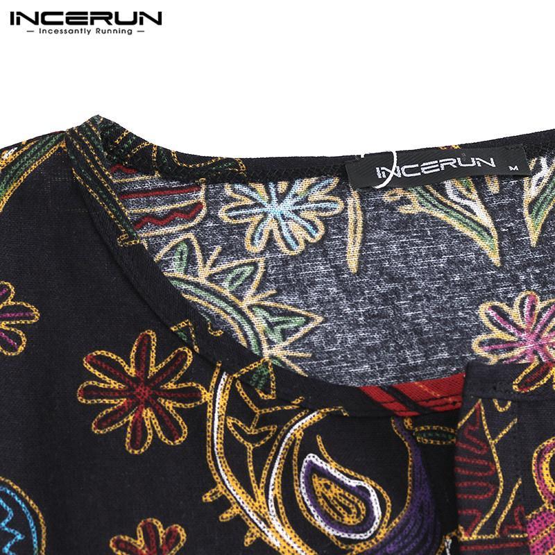 INCERUN Men's retro small V-neck short-sleeved ethnic style printed cotton and linen T-shirt. 