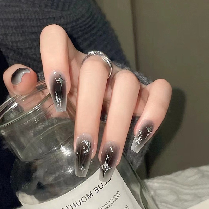 24Pcs Gray Silver Moon Star Long Fake Nails with Glue DIY Art Design False Nails Wearable Nails Artificial Nails. 