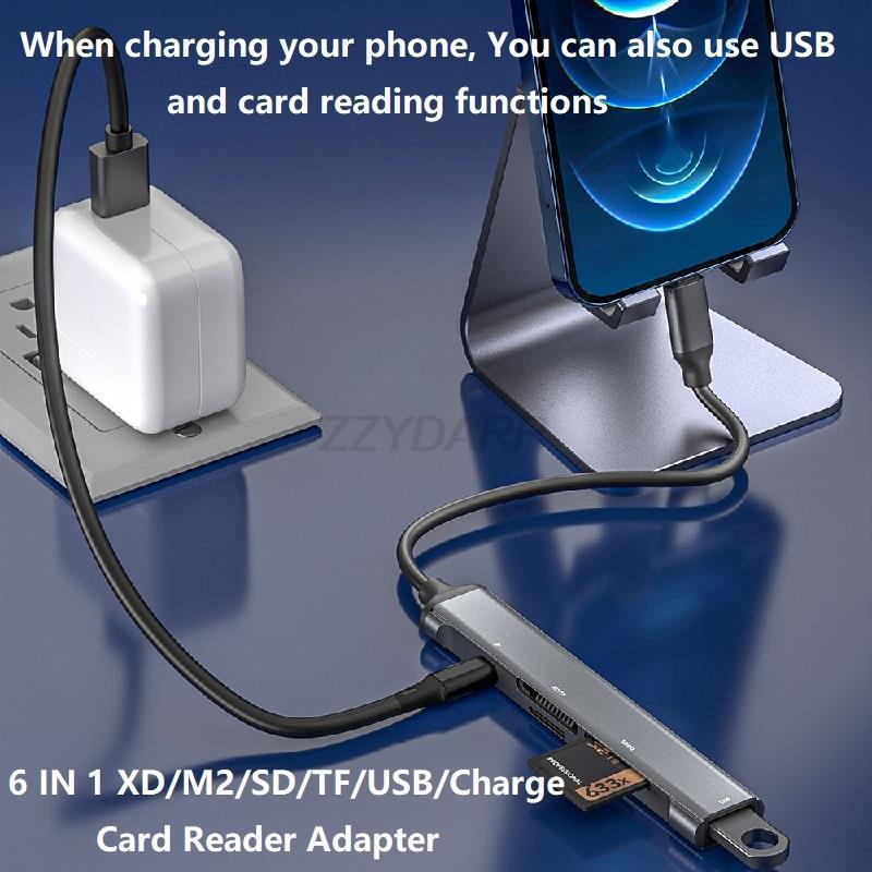 Czytnik kart iPhone XD 6 w 1 do czytnika kart Lightning M2 Adapter kart obrazkowych XD do czytnika SD/mysz/TF typu C z ładowaniem. 
