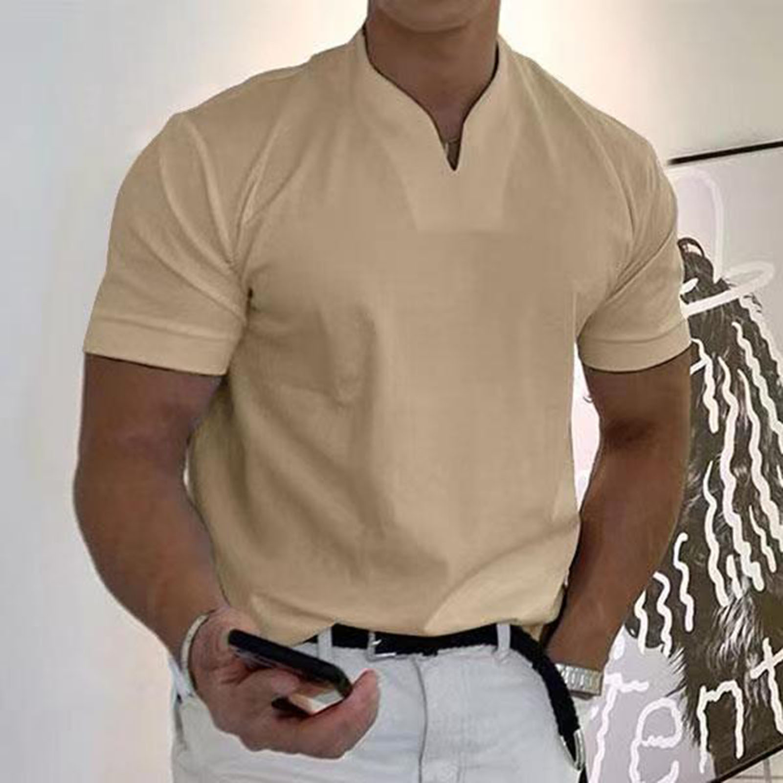 Men Top Solid Color Breathable Loose Men T-shirt. 