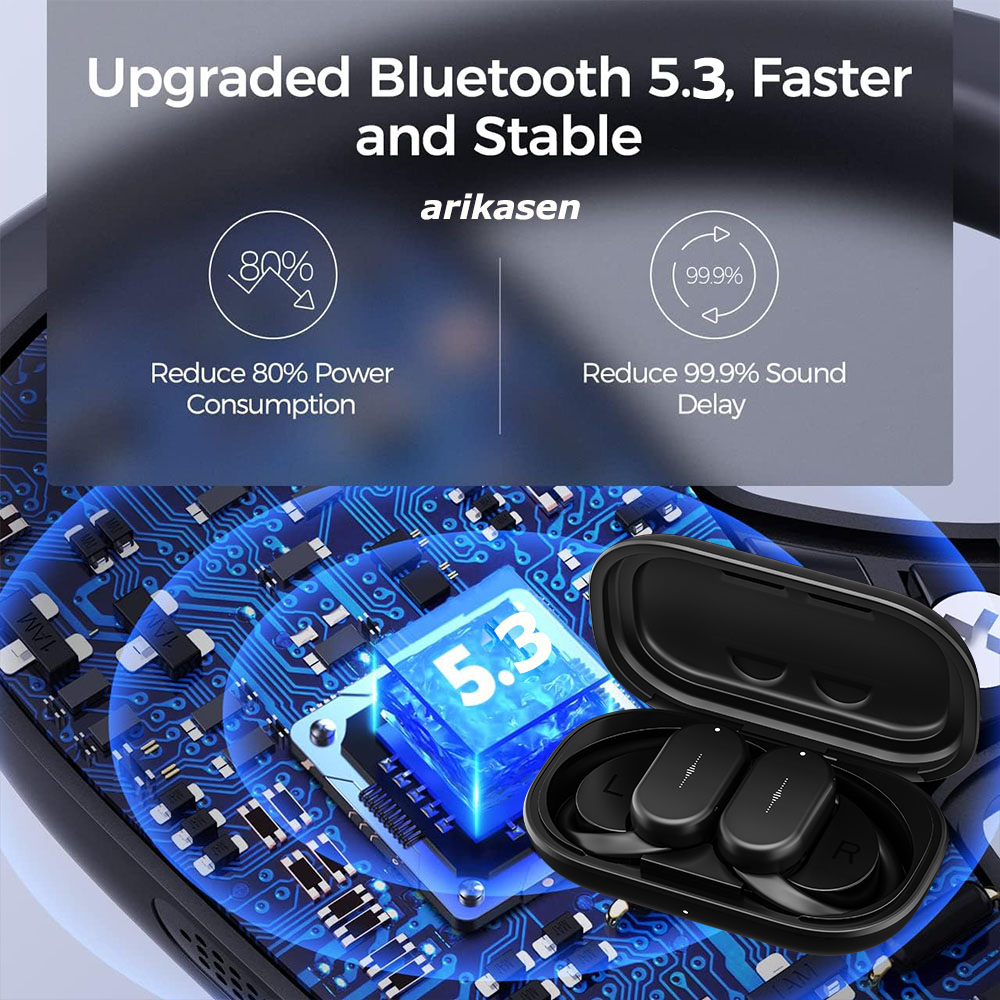 Wireless Headphones TWS Open Ear with Rotatable Earhooks Bluetooth 5.3 Earphones True Open Ear Earbuds Deep Bass with Case Mics. 
