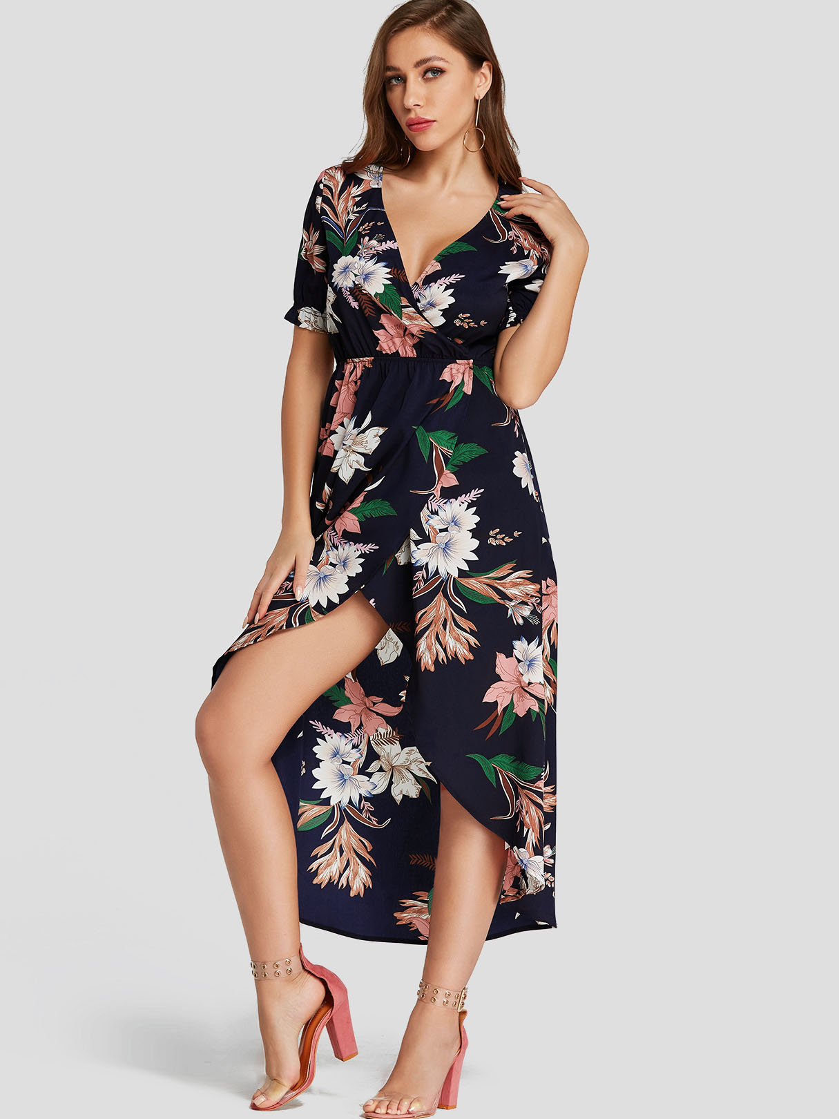curved hem midi wrap dress