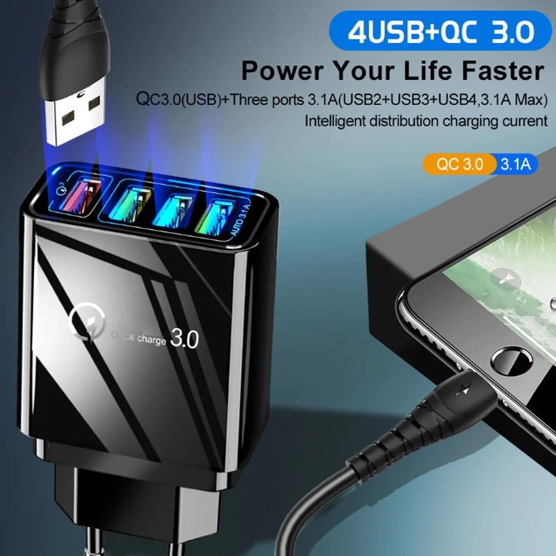 Quick Charge 4.0 4 Port Phone Fast Charger For Samsung S21 S20 FE S10 S9 S8 Plus Note 20 10 Ultra Fast Charging Wall Charger. 