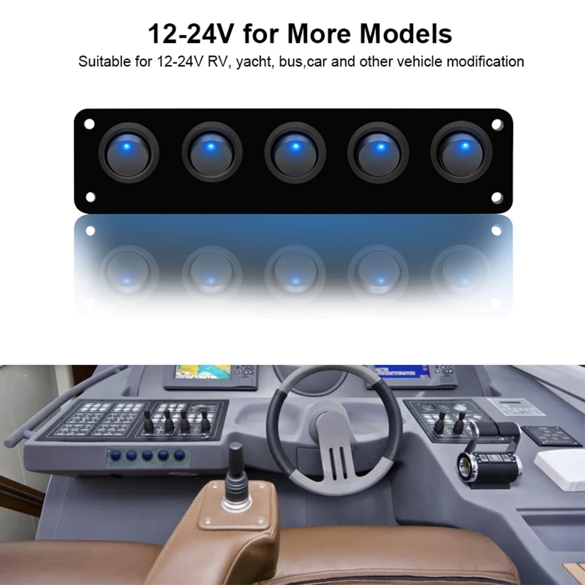 Waterproof 5 Gang Accessories Round Dash Rocker Toggle Switch Panel for RV Ship Yacht Marine Car Marine Ship Red. 