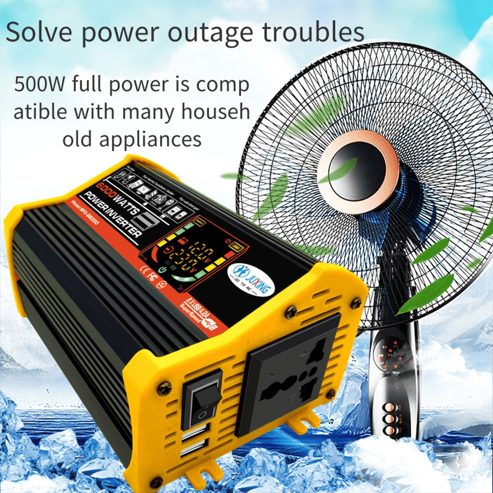 High frequency 6000W inverter 12V to 220V dual USB - black-220v. 