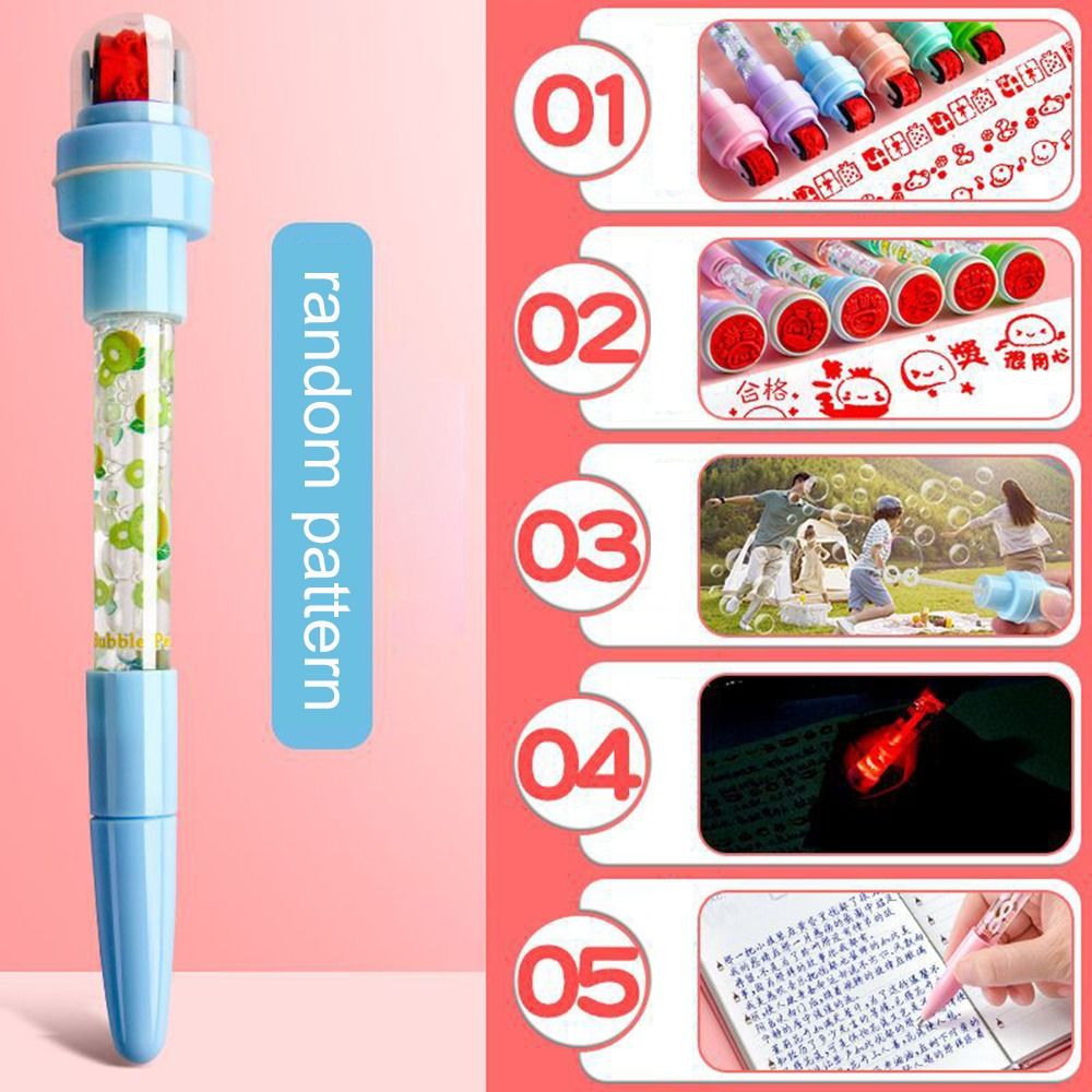 Cartoon With Light Bubbler Pen With Stamp 5 In 1 Sensory Seal Roller Stamp Pen Multifunctional Writing Signing Bubble Blowing Pen Scrapbooking. 