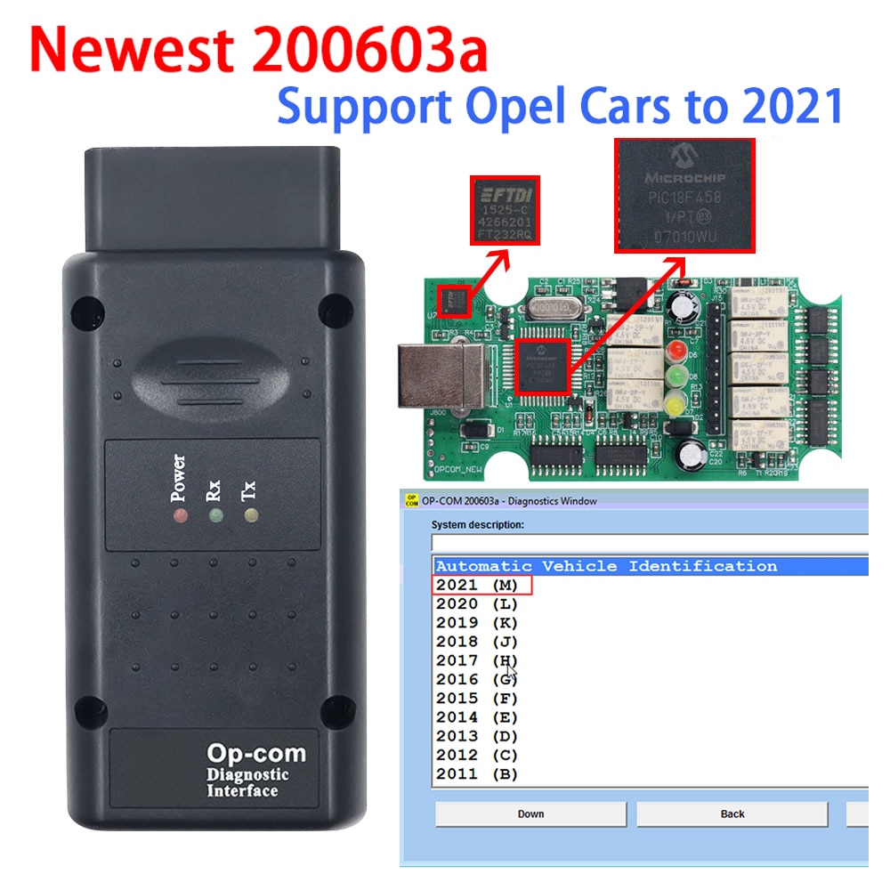 Newest OPCOM V2021 200603a For Opel V1.95 PIC18F458 with FTDI FT232RQ Chip OBD2 Scanner Tool Flash Firmware Update Untill 2021. 