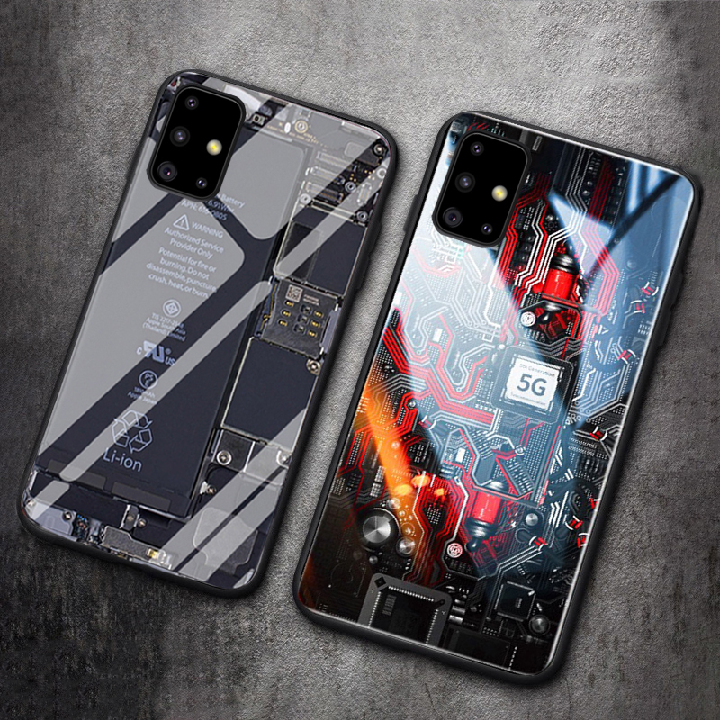 For Samsung Galaxy A51 Back Cover Version Theme Case Tempered Glass Protection shockproof Cover for Samsung A51 case Transparent Circuit Board Design Full Coverage Phone cases. 