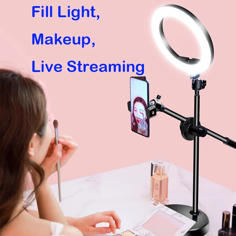 Desktop Overhead Tripod 26CM 16CM Ring Light Table Tabletop With Phone Holder Boom Arm For Live Youtube Streaming Video. 