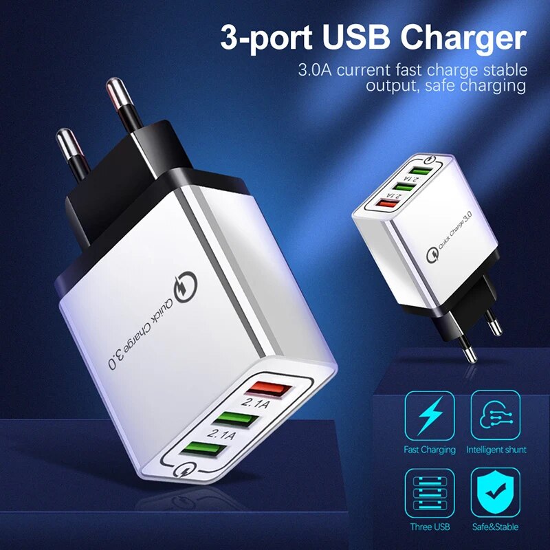 【YIYANGMAOYI111】Hot 3 Port USB Charger Quick Charge 3.0 Travel Fast Charging  Universal Mobile Phone With Plug Adapter